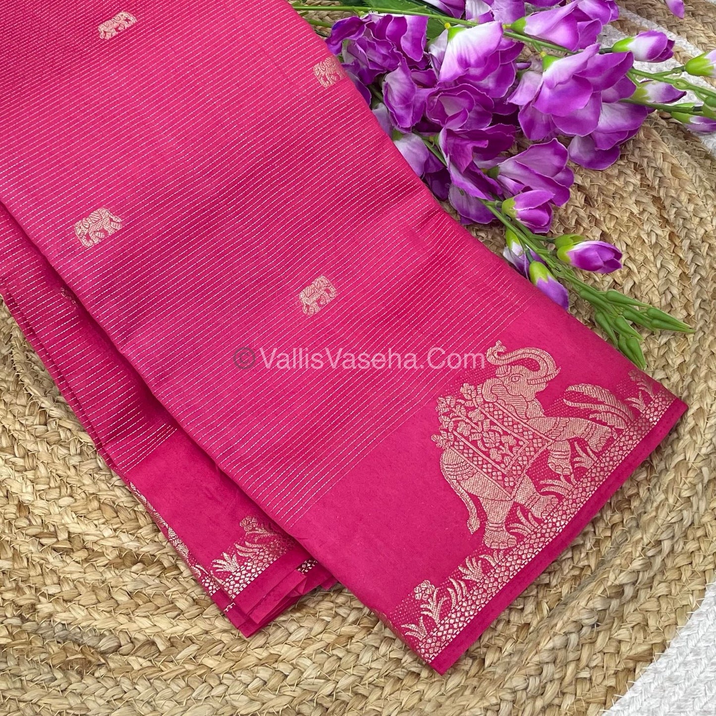 Semi Tussar Silk - Vairavoosi & Elephant Design - Light Peachish Pink shade-VVSTS019