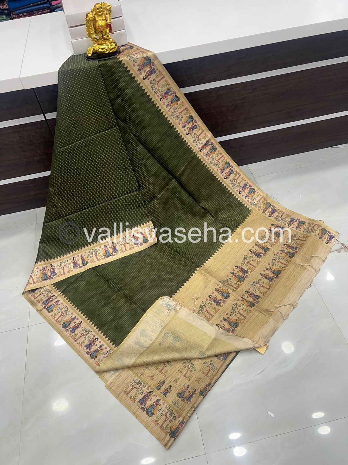 Semi Tussar Silk - Vairavoosi Design - Green & Cream Shade - VVSTS030