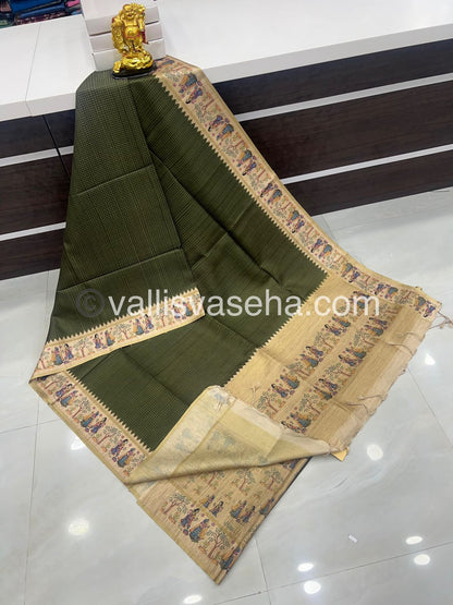Semi Tussar Silk - Vairavoosi Design - Green & Cream Shade - VVSTS030