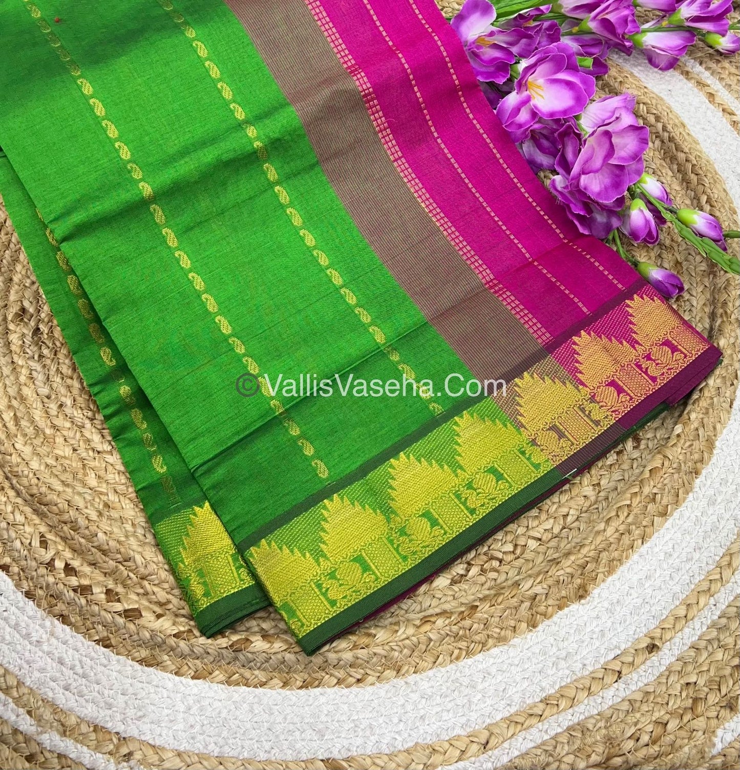 Semi Silk Cotton Saree - Green With Pink Shade - VVSSC005