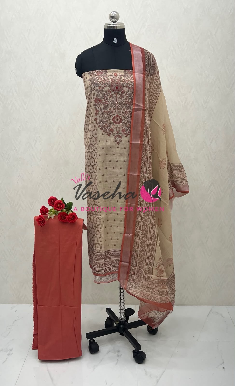 Unstitched Linen Material | Cream With Peach | VVUSM054