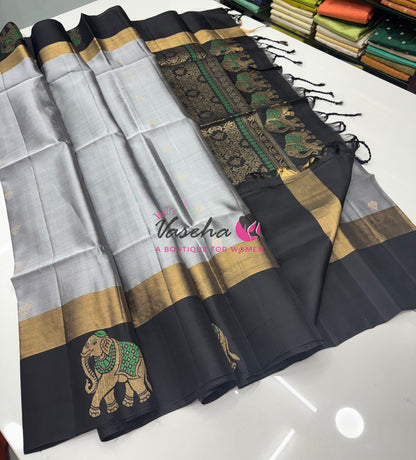 Half Mixed Soft Silk Saree - Grey with Black - VVPSS028