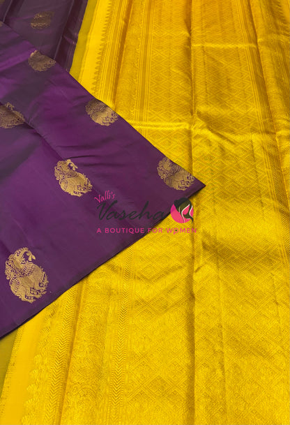 Pure Kanchipuram Silk Saree - Border Less - Dark Purple with Yellow Combo - VVPS043