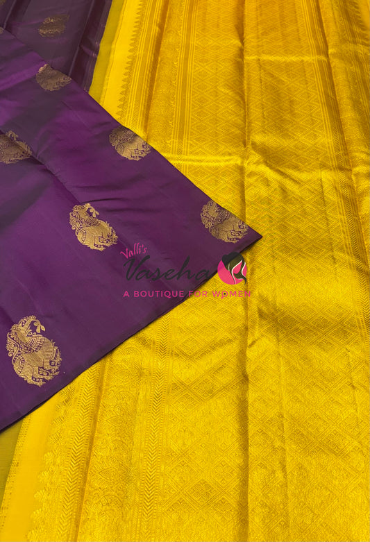 Pure Kanchipuram Silk Saree - Border Less - Dark Purple with Yellow Combo - VVPS043