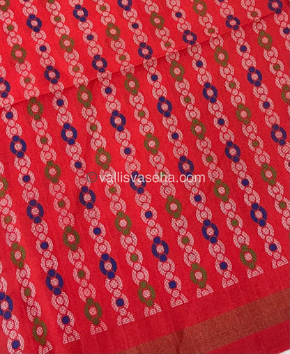 Semi Tussar / Semi Chappa Silk |Peacock Design | - Cream & Peachish Red Combo - VVSTS018