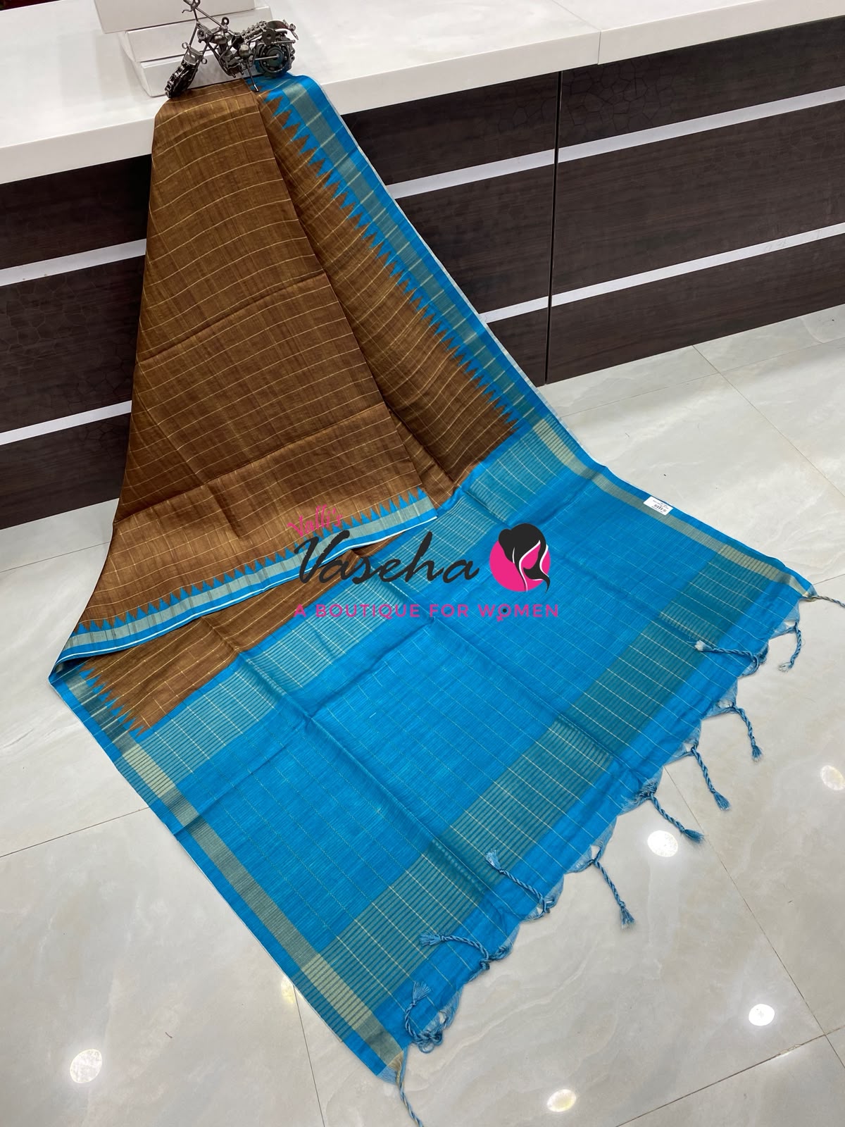 Semi Art Tussar Silk  / Art Silk - Brown & Blue - VVATS008