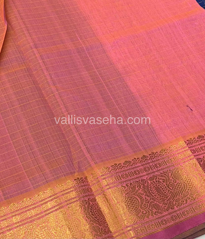 Pure Silk Cotton Saree - Light Peacock Blue With Peach - Lakshadeepam Design - VVPLD001