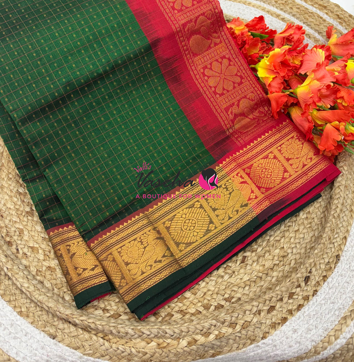 Pure Silk Cotton Saree - Green With Red Shade - Lakshadeepam Design - VVPLD001