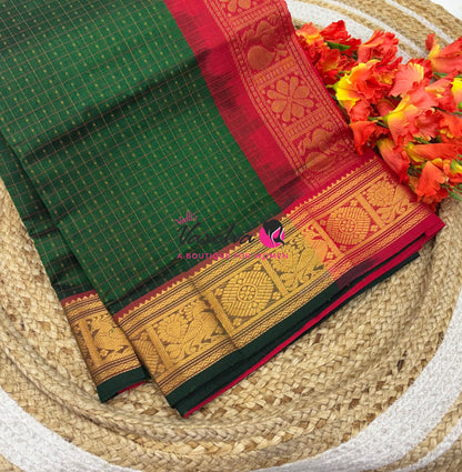Pure Silk Cotton Saree - Green With Red Shade - Lakshadeepam Design - VVPLD001