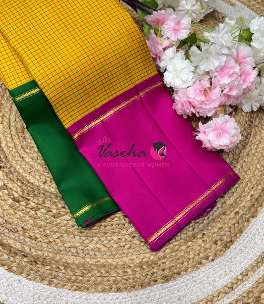 Pure Vintage Korvai Kanchipuram Silk Saree - Ganga Jamuna Style - Yellow & Pink/Green Combo - VVPS053