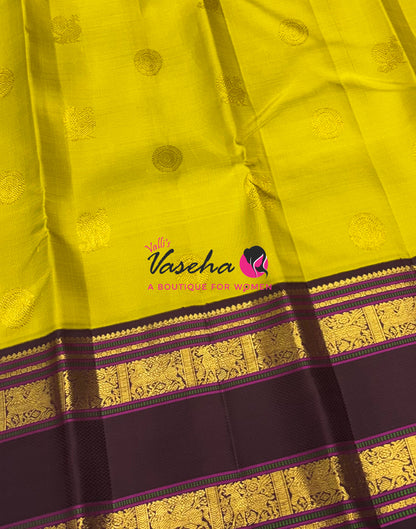 Pure Vintage Korvai Kanchipuram Silk Saree - Lemon Yellow With Wine Brown - VVPS102