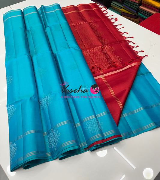Pure Soft Silk Saree  - Kolam Weaving  - Blue & Red Combo - VVPSS160