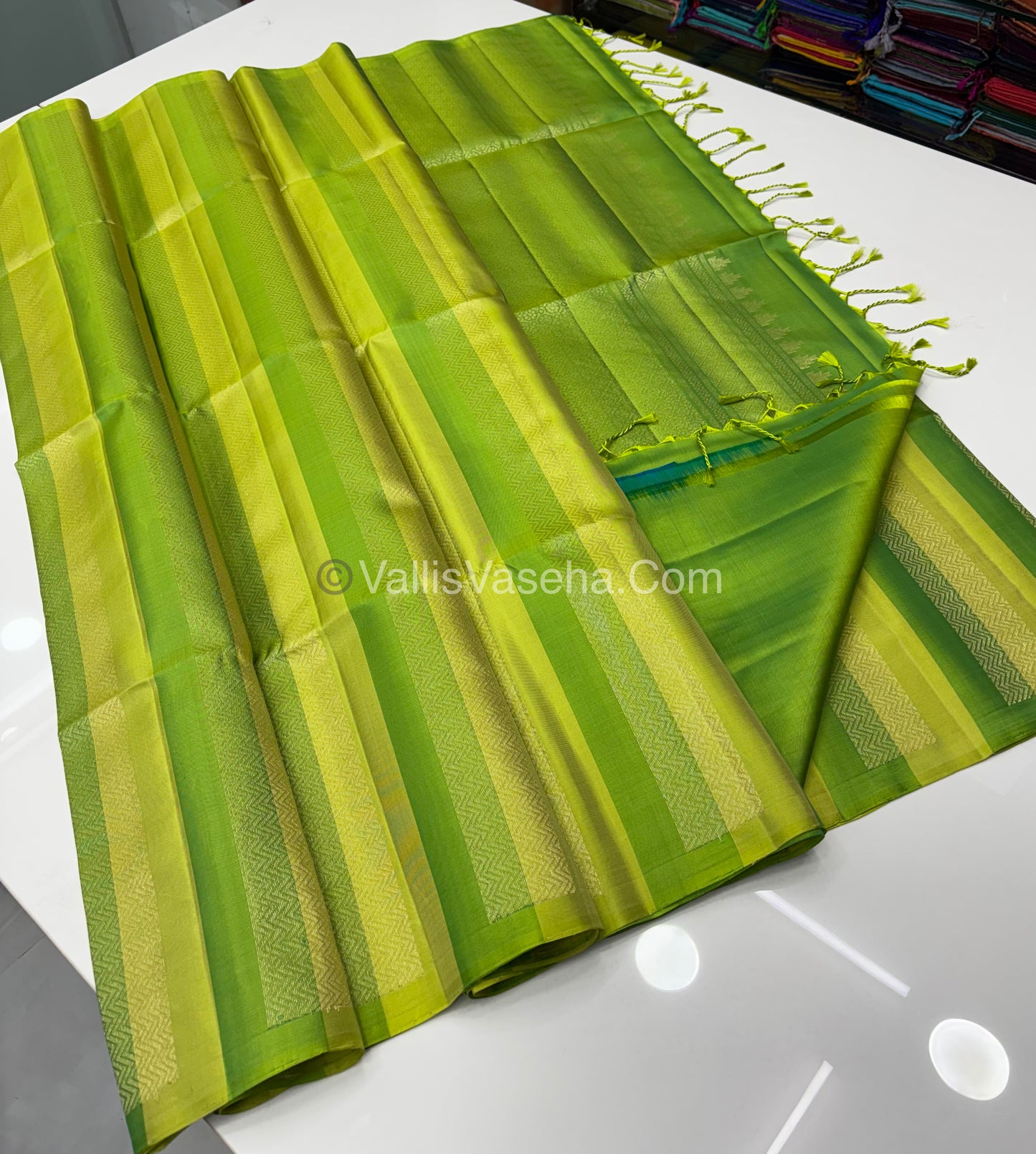 Pure Soft Silk Saree - Border Less  - Lemon Green & Green Shade - VVPSS068