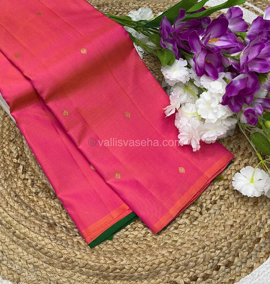 Pure Kanchipuram Silk Saree - Borderless - Peachish Pink with Green - VVPS005