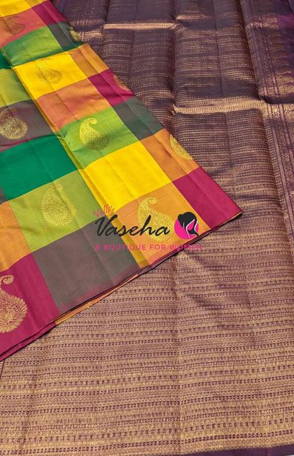Pure Kanchipuram Silk Saree - Pazhum Pazhamum Checks - VVPS017