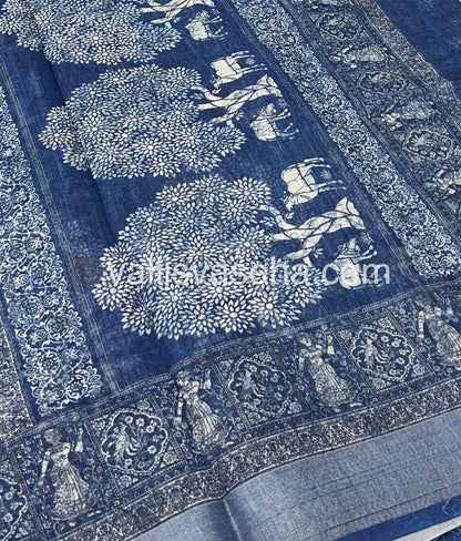 Linen Mixed Cotton Saree - Indigo Blue - Printed - VVLMP001