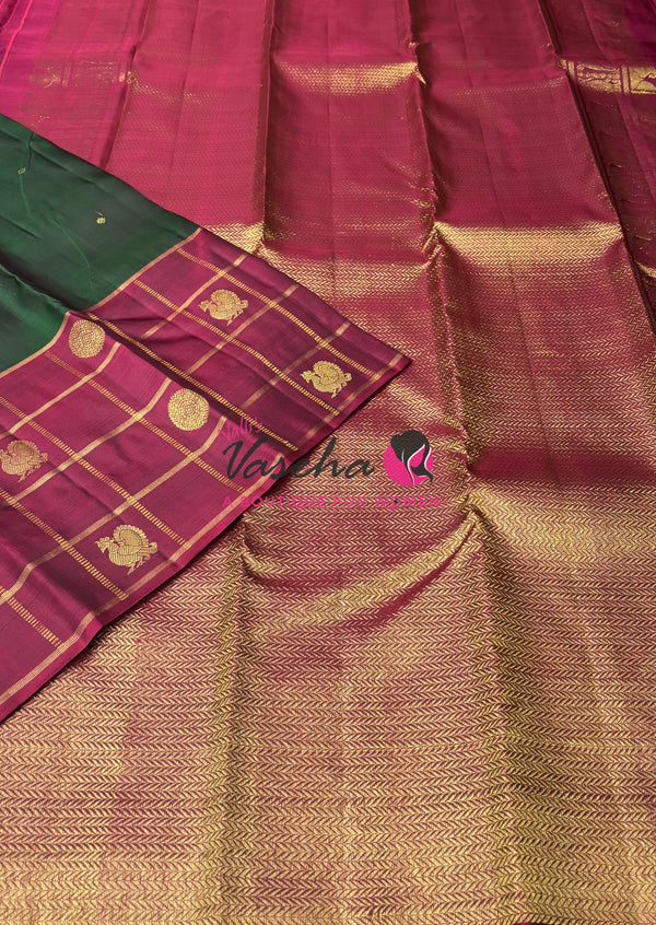 Pure Kanchipuram Silk Saree - Green & Maroon Combo - VVPS027