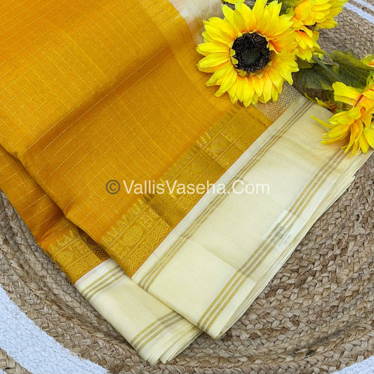 Pure Korvai Silk Cotton - Retta Petta Border - Yellow With Cream Combo - VVKSC010