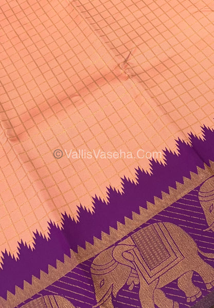 Semi Silk Saree - Kanchi Silk Style - Elephant Border - Peach with Purple - VVSSS005