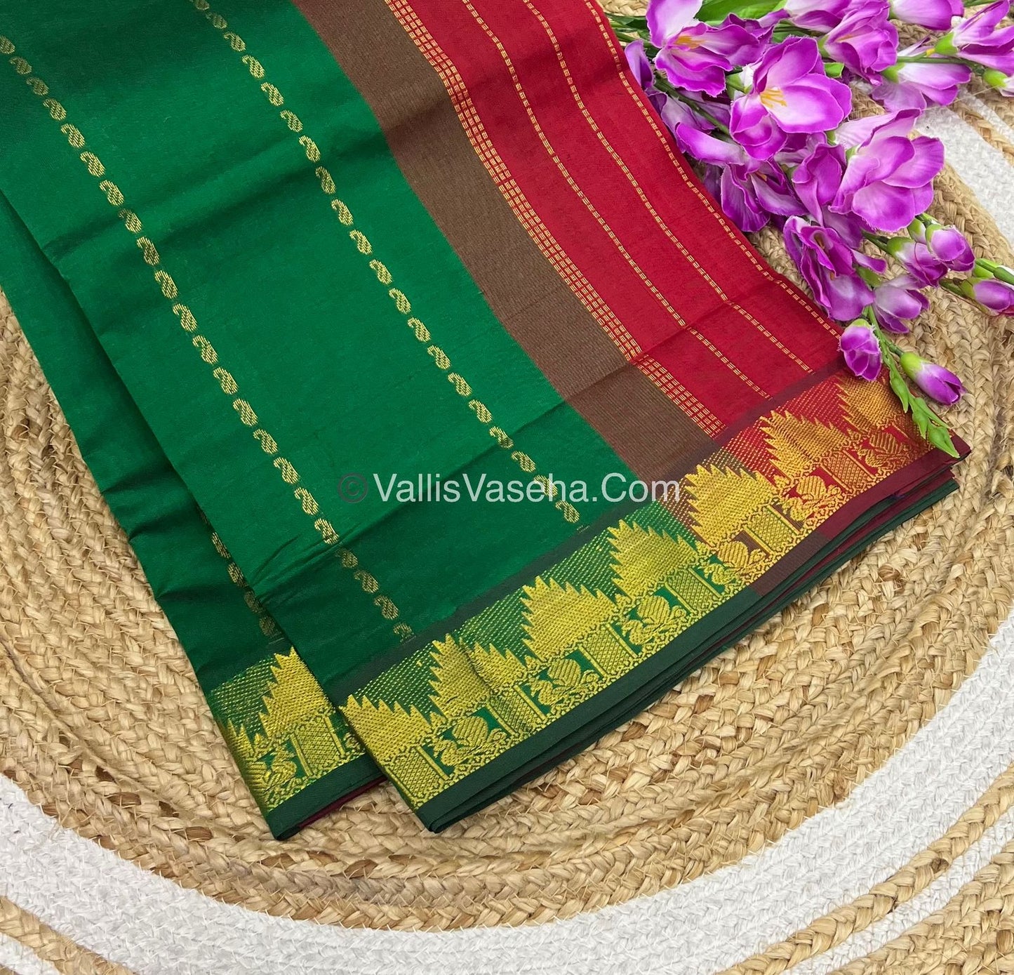 Semi Silk Cotton Saree - Green With Red Shade - VVSSC005