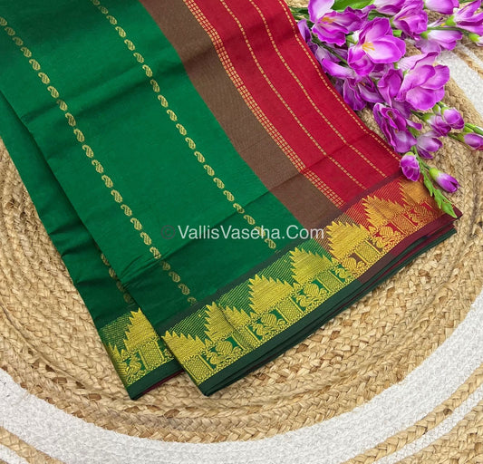 Semi Silk Cotton Saree - Green With Red Shade - VVSSC005