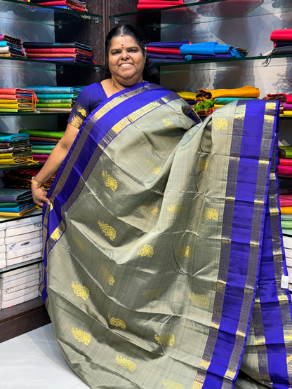 Pure Kanchipuram Silk Saree - Elegant Grey with Blue - Retta Petta Border - VVPS008