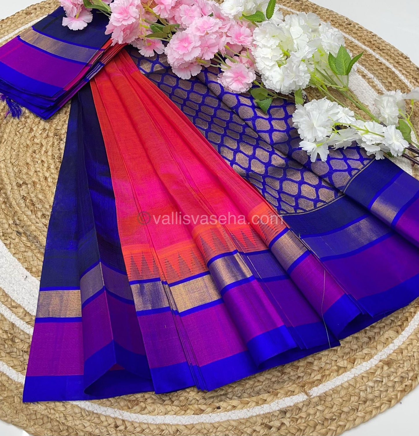 Pure Korvai Silk Cotton Saree - Pinkish Peach with Violetish Blue Combo - Temple border - VVKSC001