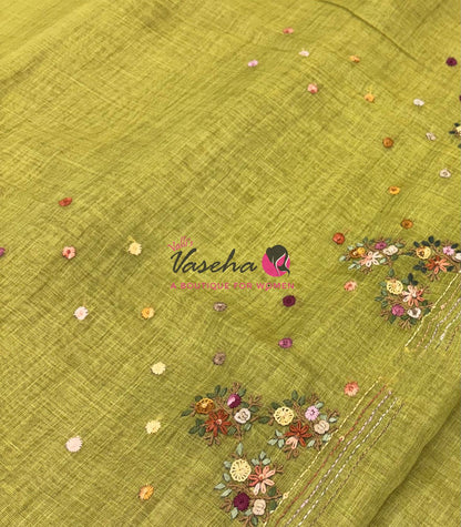 French Knot - Linen Tissue Saree - Green Shade - VVLFN017