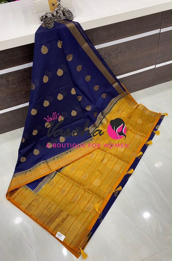 Semi Jute Silk Saree - Blue With Yellow Shade- VVSJS002