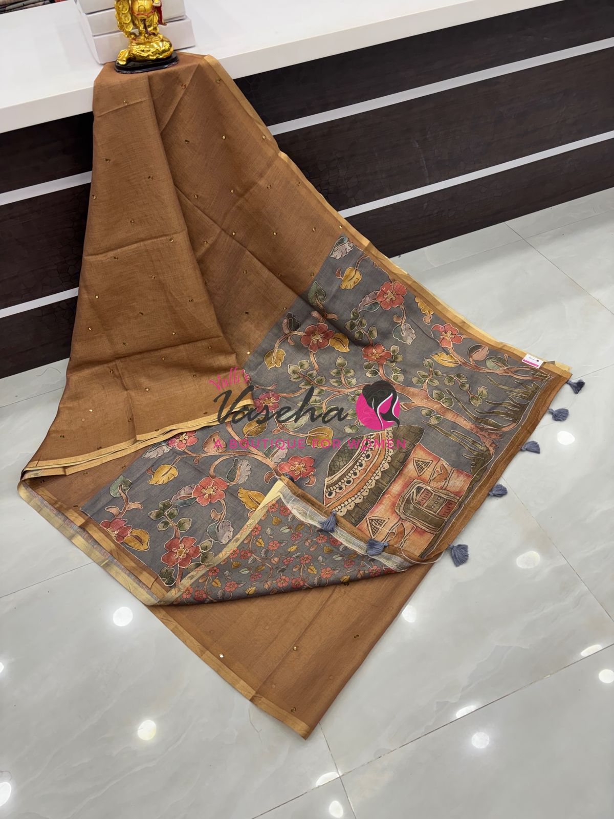 Linen Tissue Saree - Mirror Work Embroidery - Chocolate/ Biscuit With Grey Shade - VVLTS001
