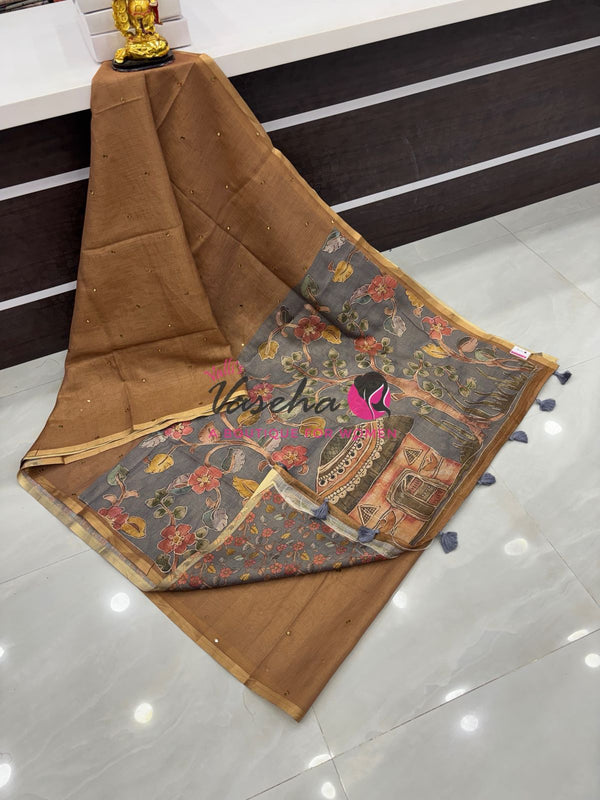 Linen Tissue Saree - Mirror Work Embroidery - Chocolate/ Biscuit With Grey Shade - VVLTS001