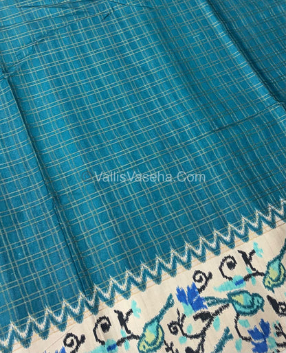 Semi Tussar Silk -Blue With Cream Shade  - VVSTS039