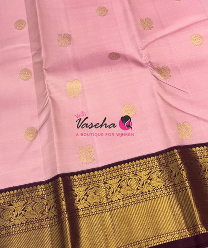 Pure Vintage Korvai Kanchipuram Silk Saree - Light Pastel /Light Baby Pink With Wine Brown Combo - VVPS066