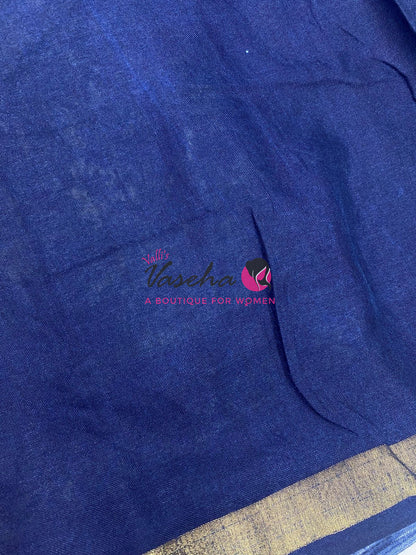 Semi Maheshwari Mixed Cotton Saree - Linen Feel - Indigo Blue - VVMSC008
