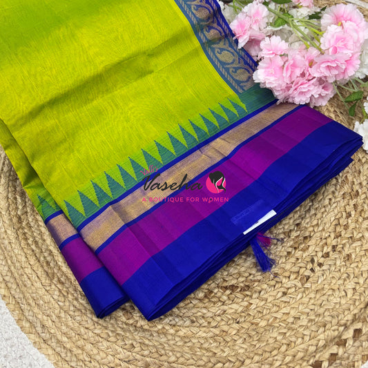 Pure Korvai Silk Cotton Saree -  Sneha Green With Blue Shade Temple border - VVKSC001