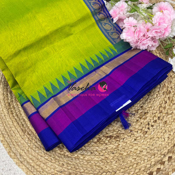 Pure Korvai Silk Cotton Saree -  Sneha Green With Blue Shade Temple border - VVKSC001