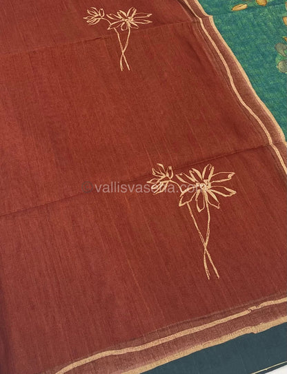 Semi Tussar Saree - Rust Mixed Brown with Ramar Blue Combo -  VVSTS003