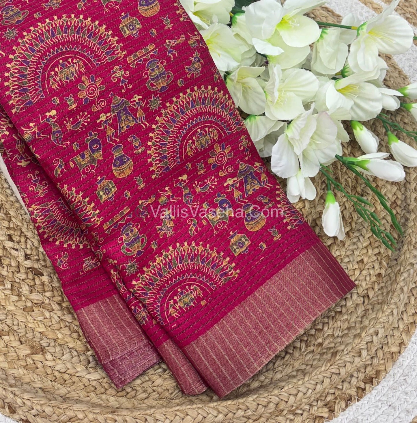 Light Weight Fancy Mixed Kota Cotton - Varli Design Printed Saree - Pink Shade - VVKPC001