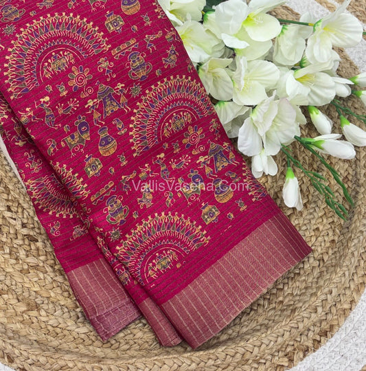 Light Weight Fancy Mixed Kota Cotton - Varli Design Printed Saree - Pink Shade - VVKPC001