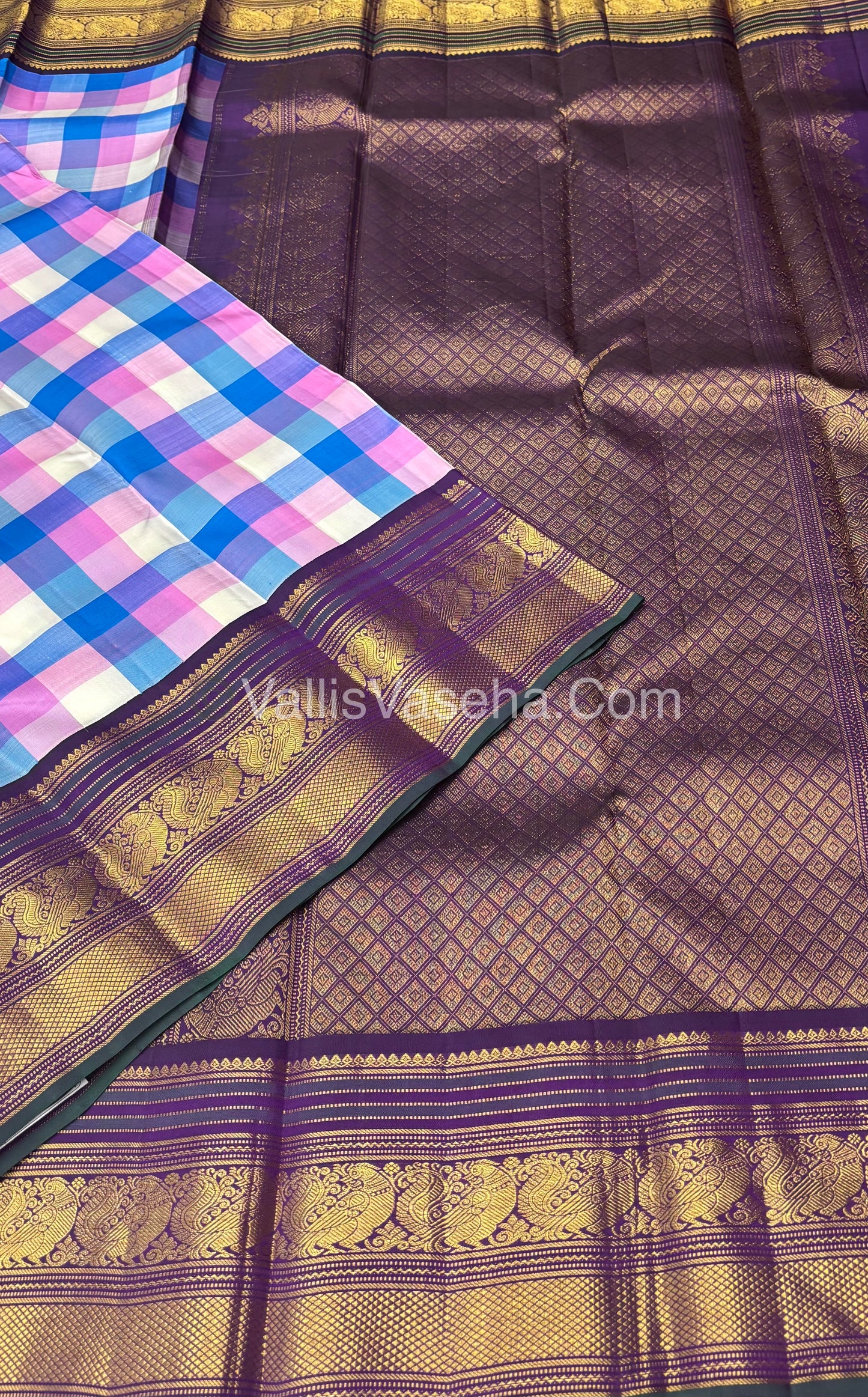Pure Vintage Korvai Kanchipuram Silk Saree | Pazhum Pazhamum Checks |VVPS021