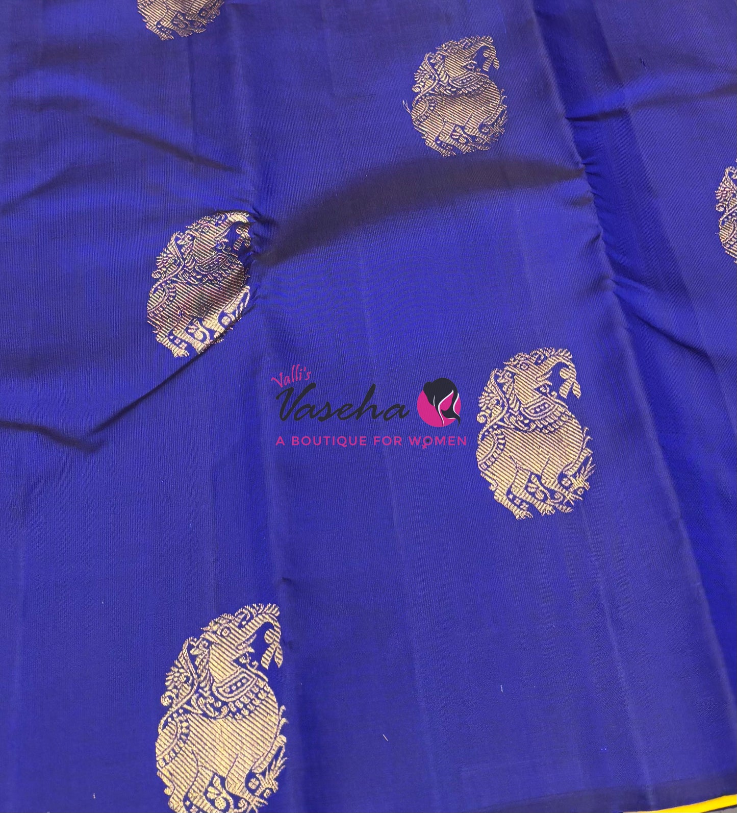 Pure Kanchipuram Silk Saree - Border Less - Royal Blue with Yellow Combo - VVPS043
