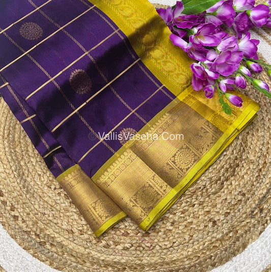 Pure Silk Cotton Saree - Mayil & Chakkaram Design - Dark Purple & Yellow - VVMC001