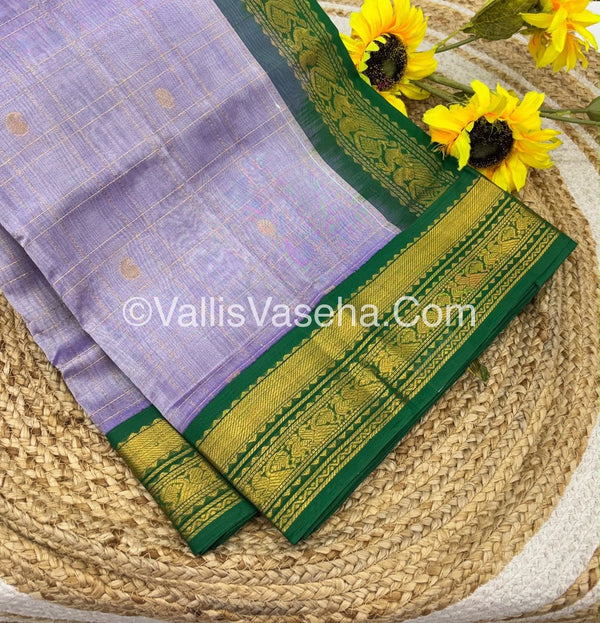 Pure Korvai Silk Cotton - Checks Pattern - Lavender with Green Shade  - VVKSC035