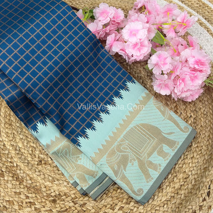 Semi Silk Saree - Kanchi Silk Style - Elephant Border - Blue with Light Blue - VVSSS005