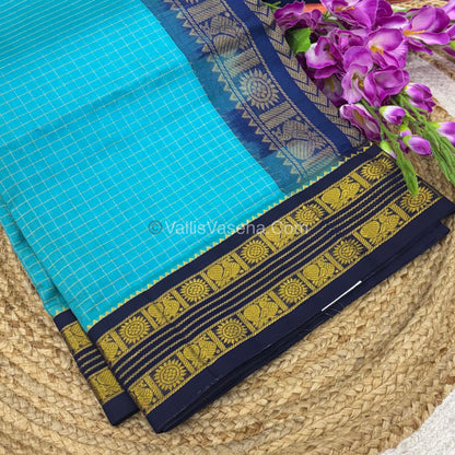 Pure Korvai Silk Cotton - Retta Petta Border - Blue With Navy Blue Combo - VVKSC010