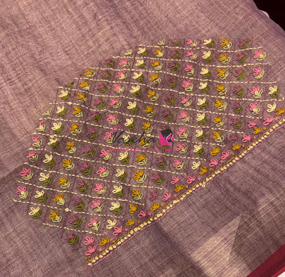 French Knot - Linen Tissue Saree - Light Lavendar Pink Shade - Heavy Work Blouse - VVLFN016