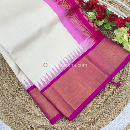 Pure Korvai Silk Cotton Saree - Half white / Cream With Pink - Temple border - VVKSC001