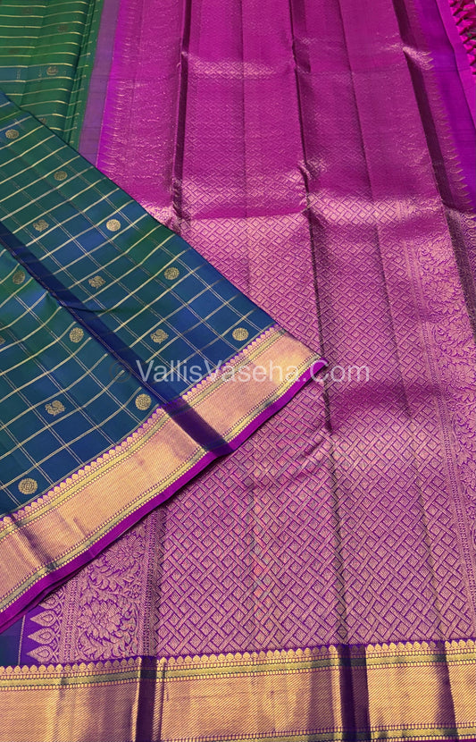 Pure Vintage Korvai Kanchipuram Silk Saree - Peacock Blue & Purple Combo - VVPS021
