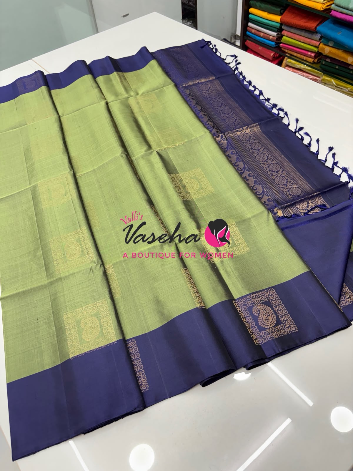 Pure Soft Silk Saree - Pastel / Olive  Green  & Blue  - VVPSS091