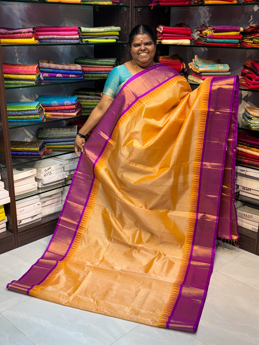 Pure Korvai Silk Cotton Saree - Creamish Gold with Purple - Temple border - VVKSC001